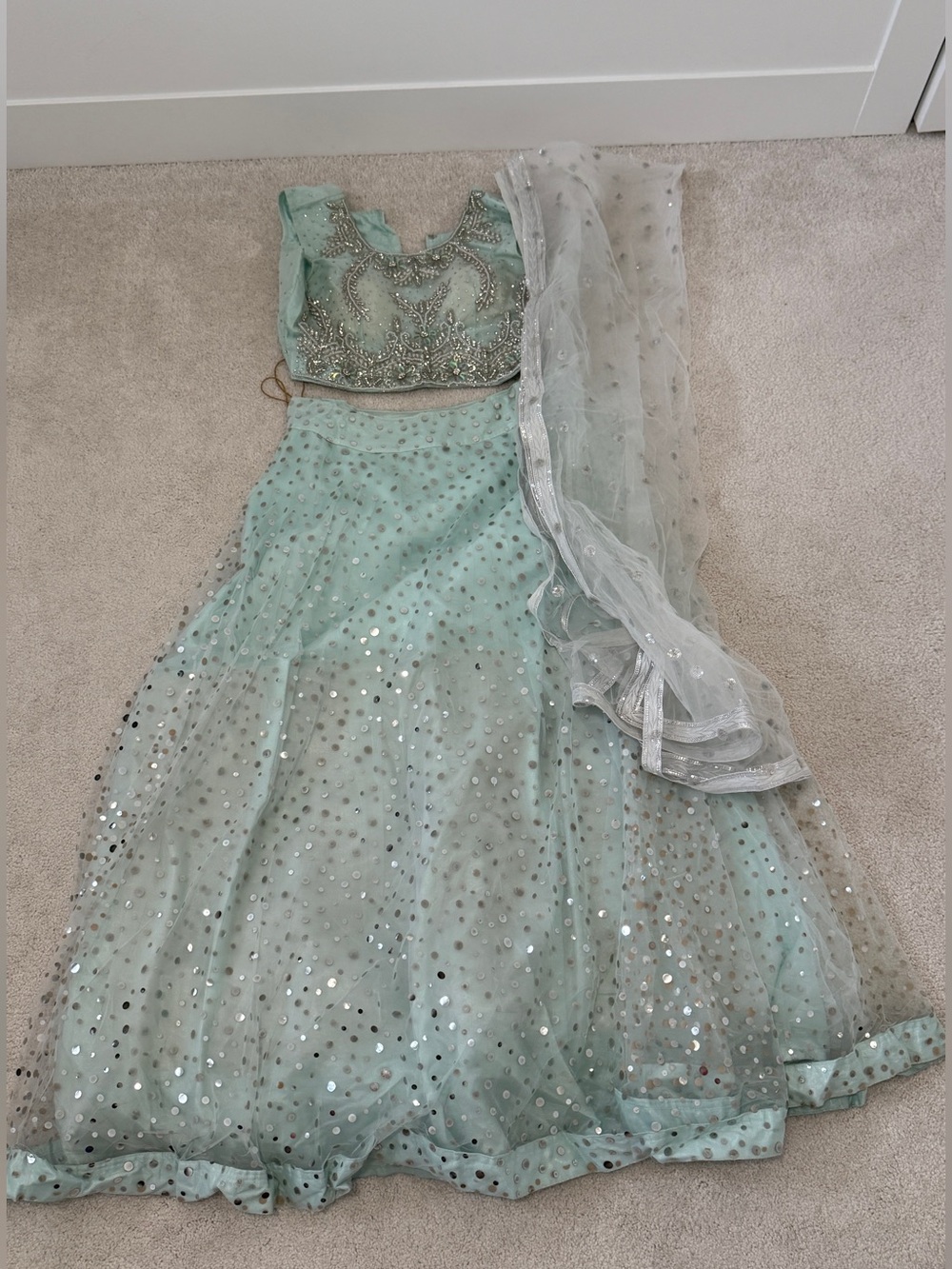 Mint Sequin Lehenga Set with Embellished Bodice